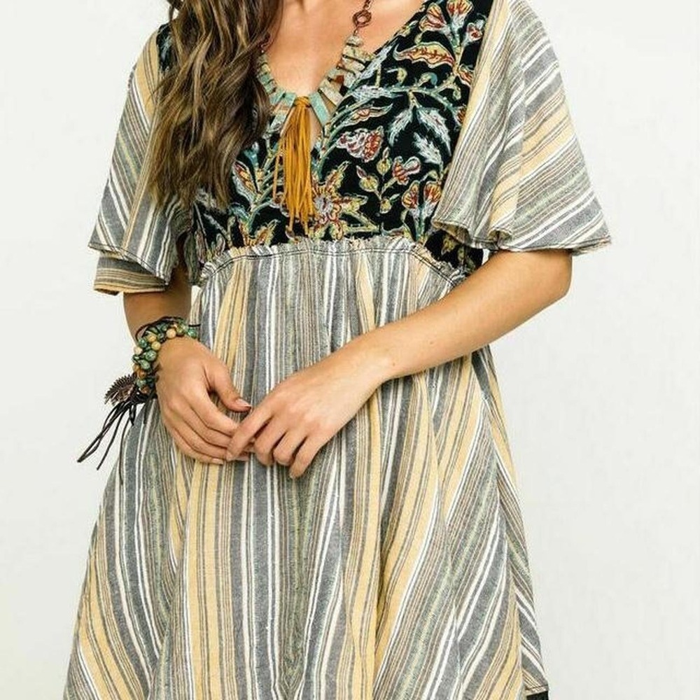 Free people under the sun flutter sleeve, mini mixed pattern dress